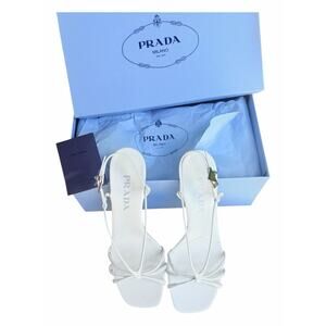 Prada Capretto Strappy Leather Kitten Heel Sandals Bianco White EU 37 NEW